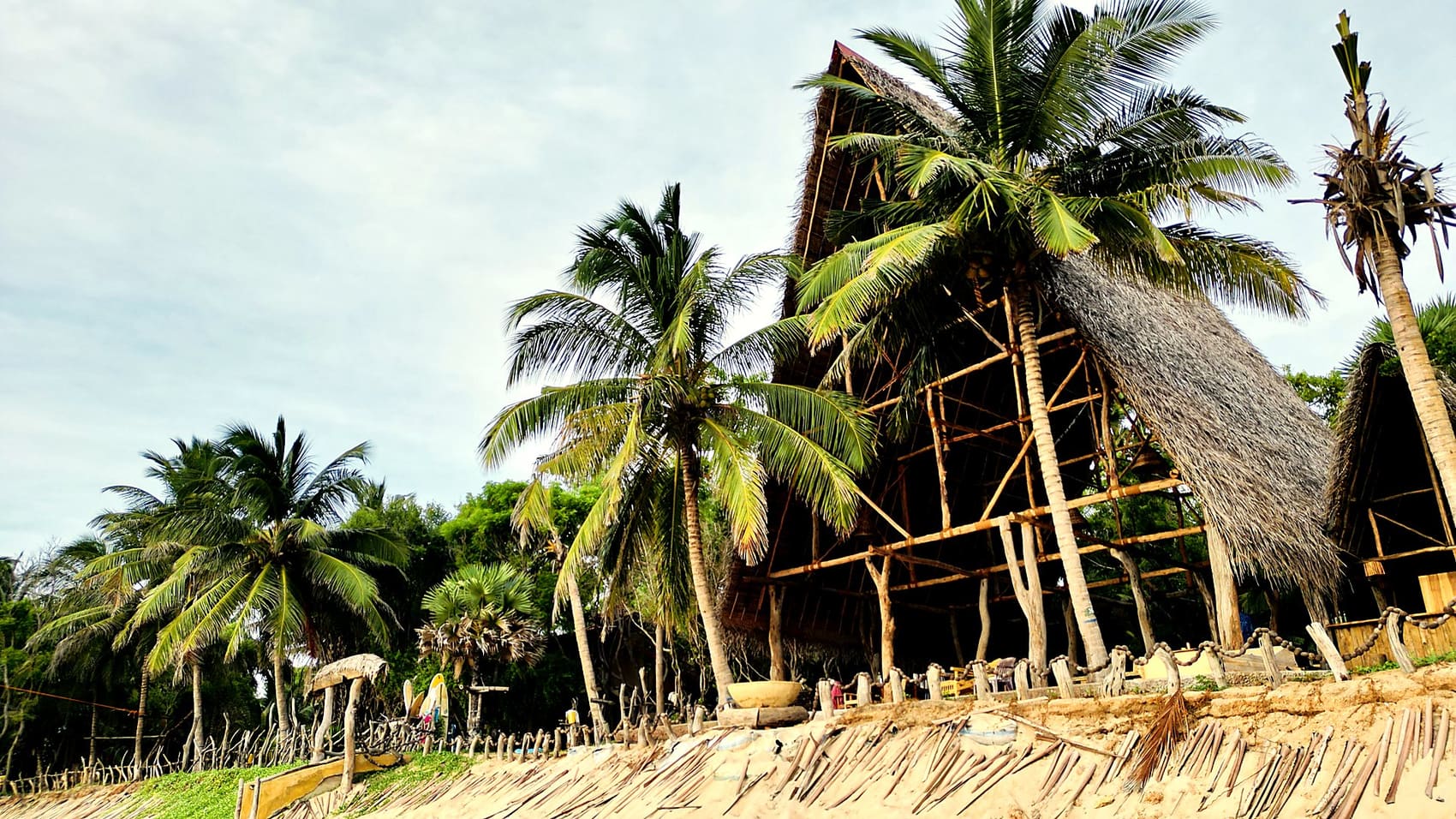 The A-frame restaurant framed by palms at golden hour